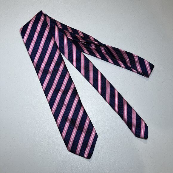 Pink Thomas Pink 100% Silk Tie Pink Navy Blue Striped Luxury Woven In England - Picture 1 of 5